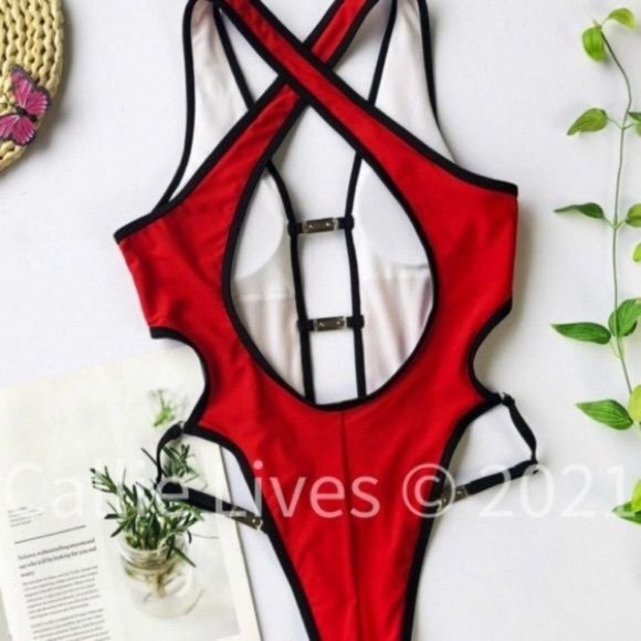 Xena Red Future: Metal Buckle Monokini Swimsuit LARGE - Picture 9 of 15